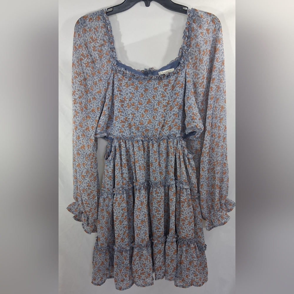 Blue and Orange Ruched Tiered Sundress with Bishop Sleeves